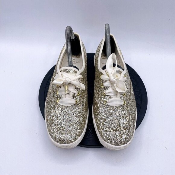 Kate Spade X Keds Glitter Sneakers Womens 8.5 Gold Low Ribbon Lace Casual - Picture 9 of 9
